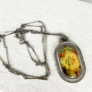 Vintage Our Lady of Lourdes Apparition Pendant Necklace 24 inch Silver Chain